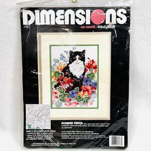 Vintage Dimensions No Count Cross Stitch Kit Flower Patch Cat Design (1989) - NW